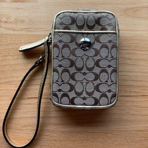 Small Tan & Gold Coach Wristlet